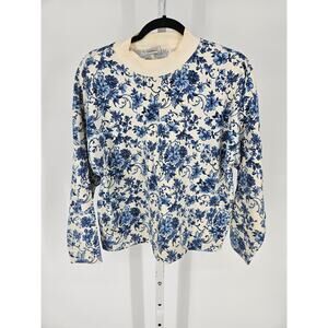 Partners Women's Long Sleeve Crew Neck Floral Design Blue 100% Cotton Top Size M